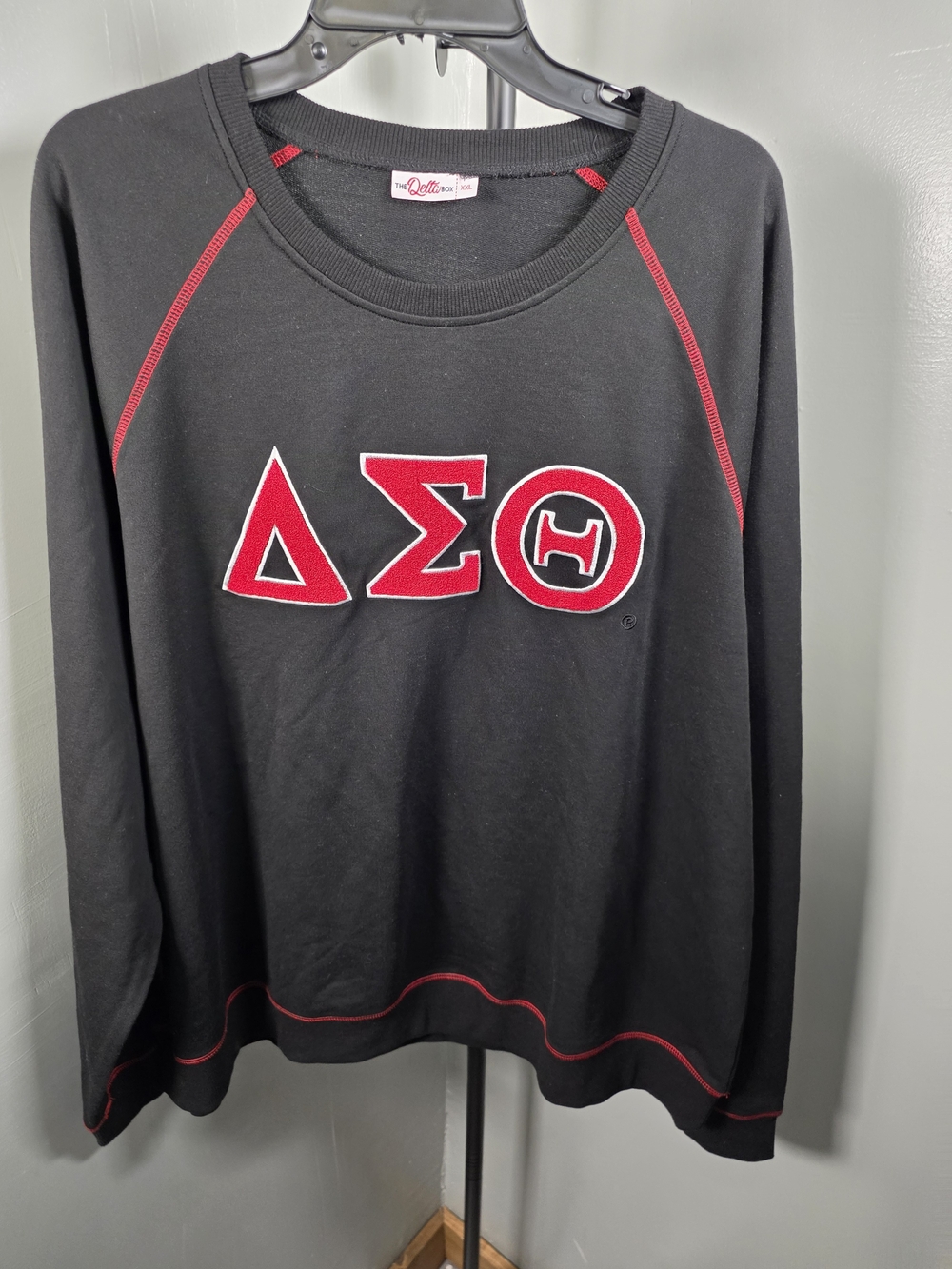 Delta Black Crewneck Sweatshirt with Red Greek Letters